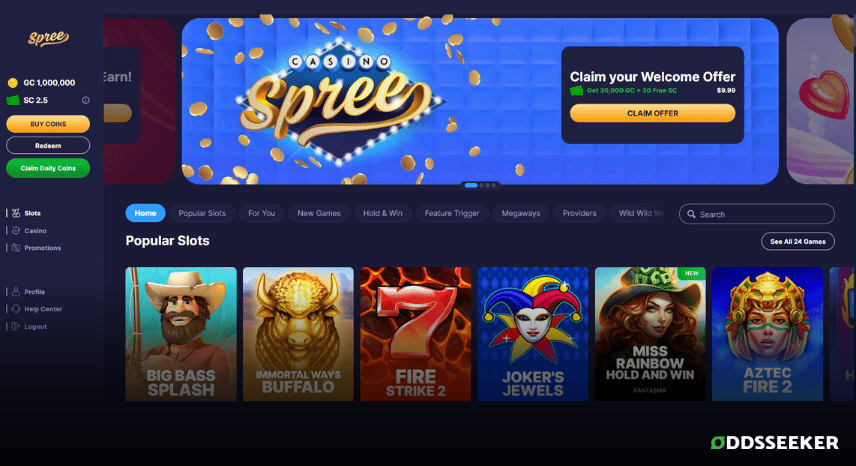 A screenshot of the desktop login page for Spree Casino Review